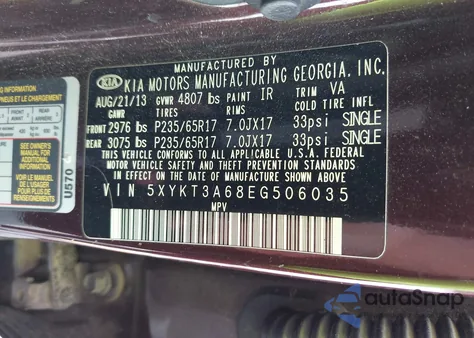 2014 Kia Sorento Lx из США, поврежденный, VIN 5XYKT3A68EG506035